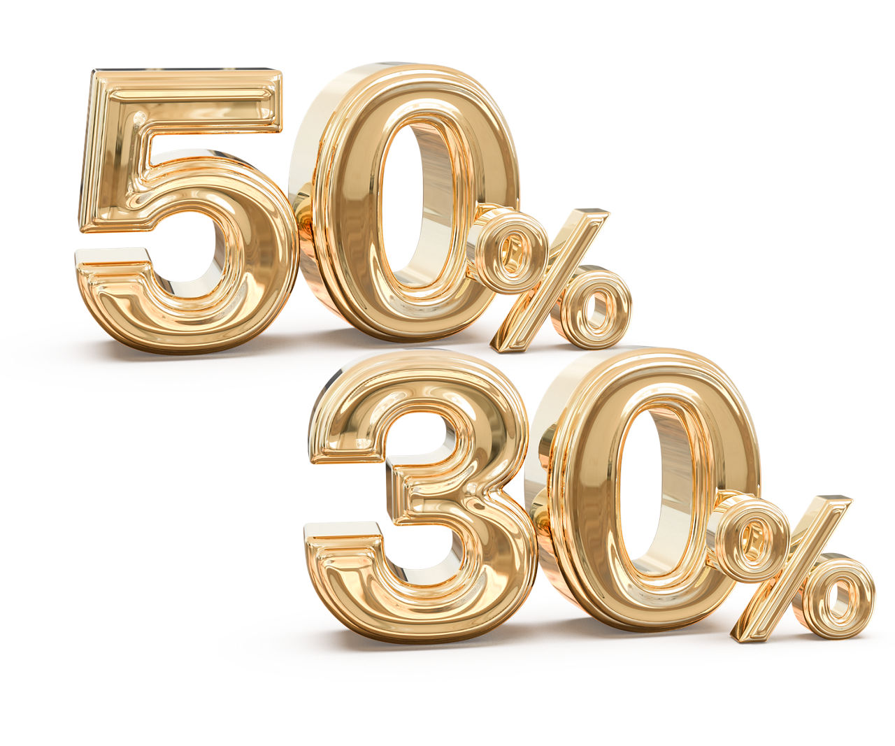 Goldene 3D-Zahlen mit 50 % Rabatt über 30 % Rabatt auf hellblauem Hintergrund.