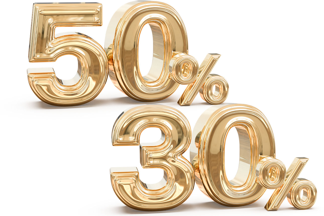 Goldene 3D-Zahlen mit 50 % Rabatt über 30 % Rabatt auf hellblauem Hintergrund.