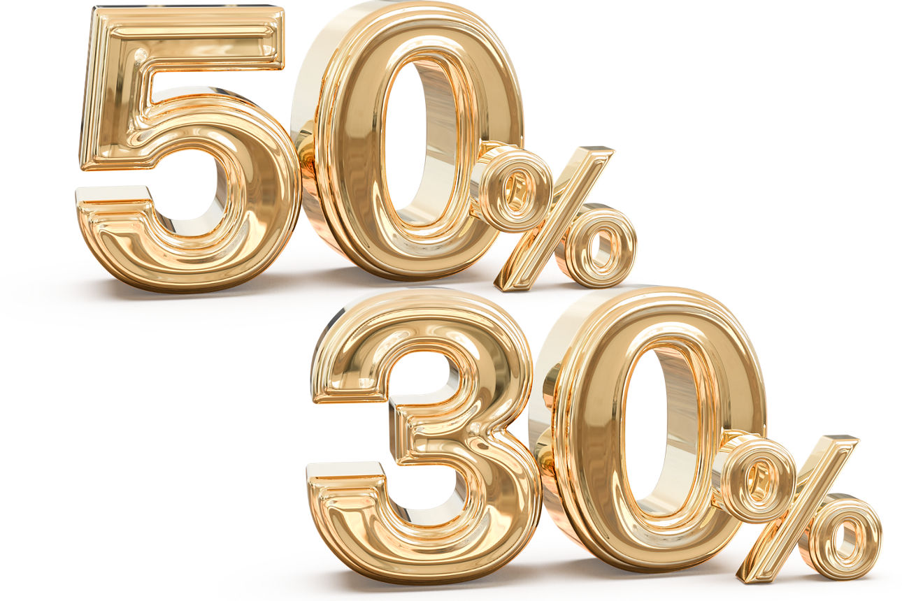 Goldene 3D-Zahlen mit 50 % Rabatt über 30 % Rabatt auf hellblauem Hintergrund.