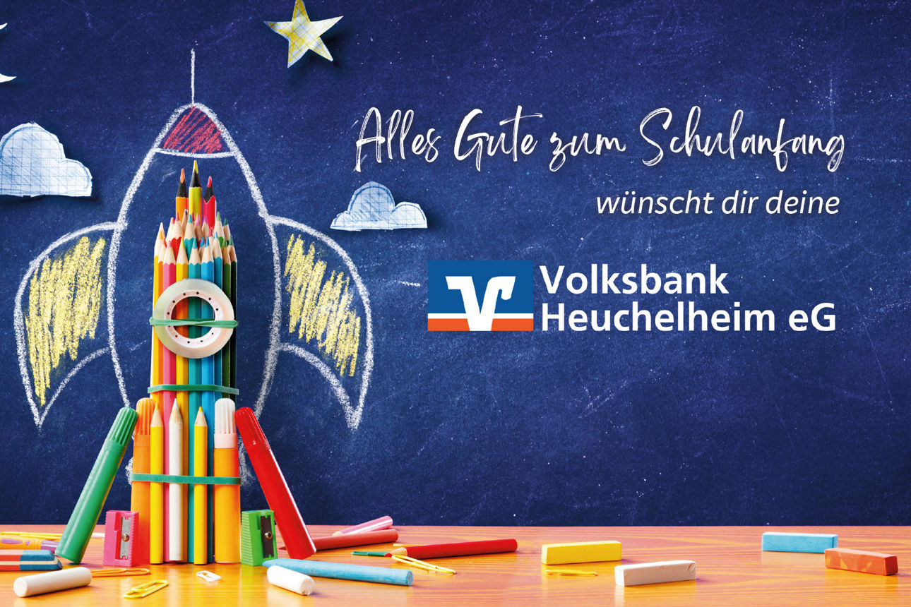 Bunstifte auf dem Tisch verteilt: Text Alles Gute zum Schulanfang wünscht dir deine Volksbank Heuchelheim eG