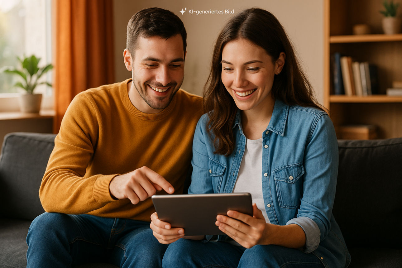 Frau und Mann sitzen auf der Couch und schauen in ein Tablet