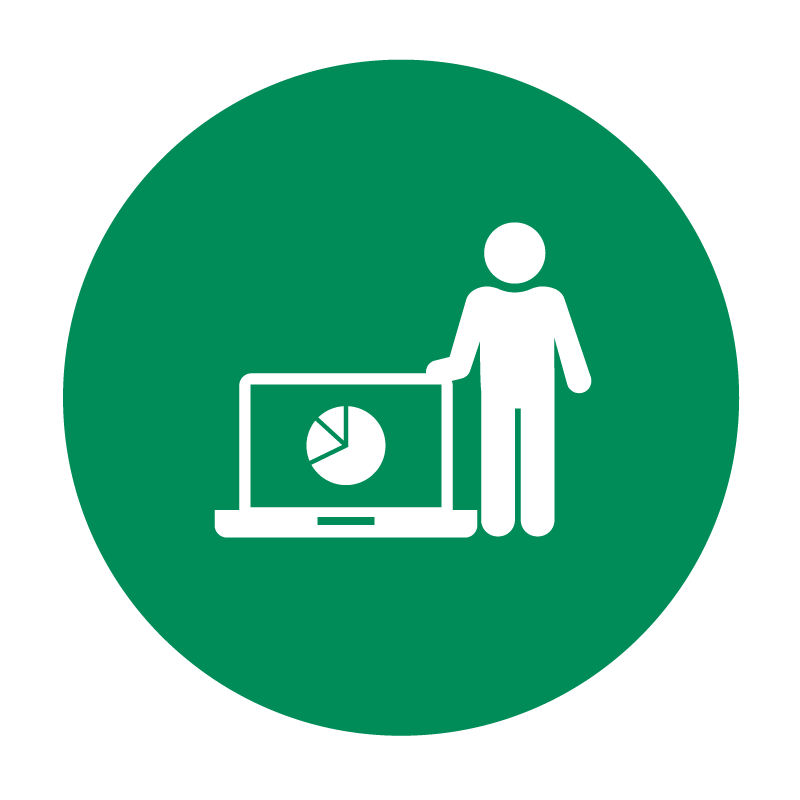 Icon mit Männchen an einem Laptop mit Tortendiagramm