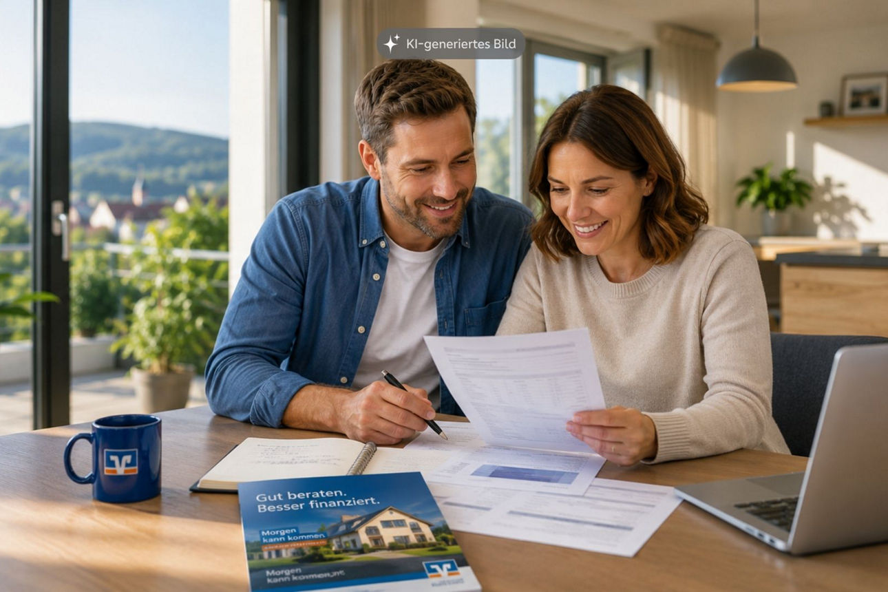 Paar beschäftigt sich zu Hause gemeinsam mit der weiteren Finanzierung seiner Immobilie.