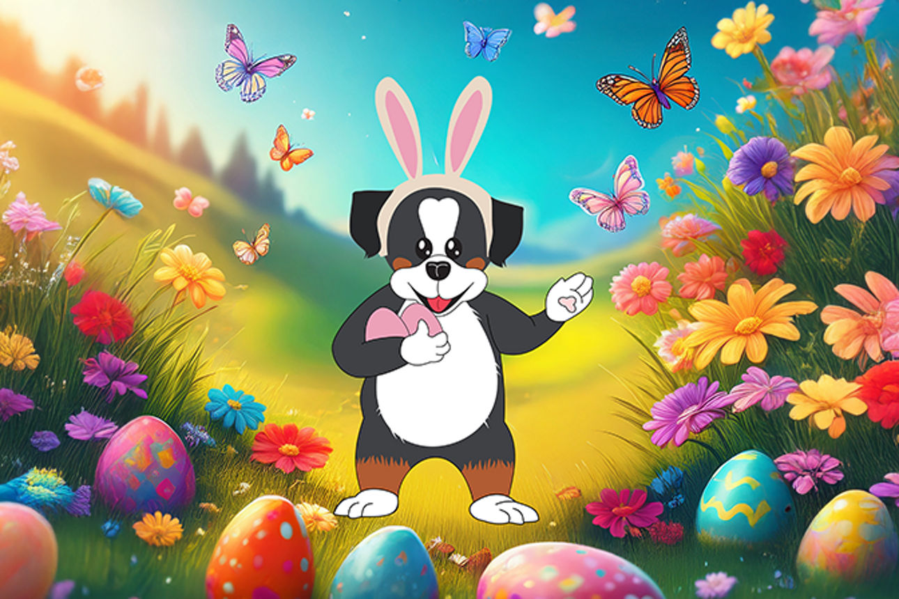 Maskottchen Anton hält mehrere bunte Ostereier im Arm, winkt fröhlich und steht auf einer blühenden Frühlingswiese.