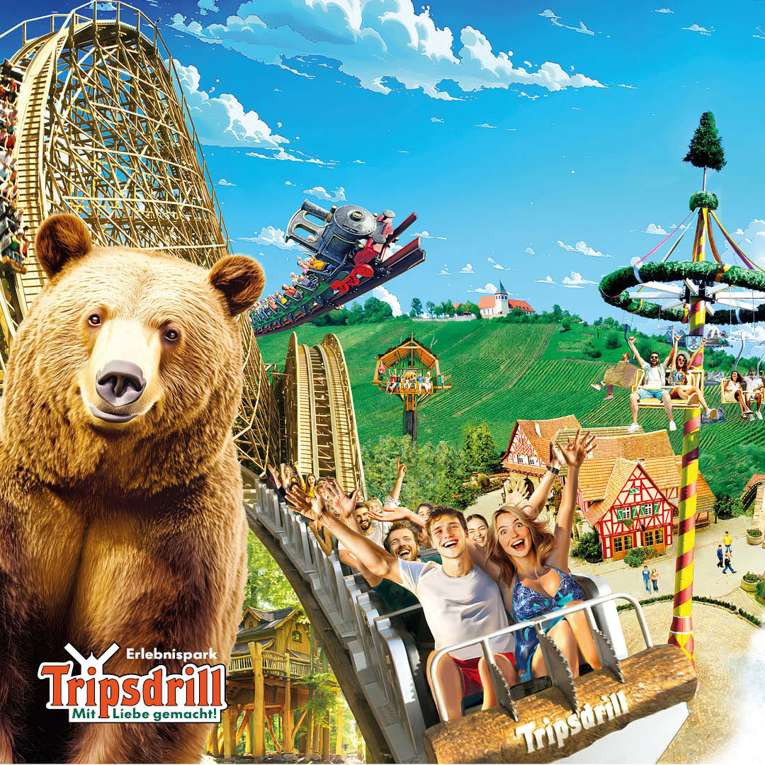 Collage aus Attraktionen des Erlebnisparks Tripsdrill inklusive Wildparadies