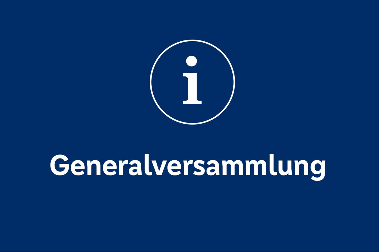 Weißer Text "Generalversammlung" und einem weißen Info-Icon auf dunkelblauem Hintergrund.