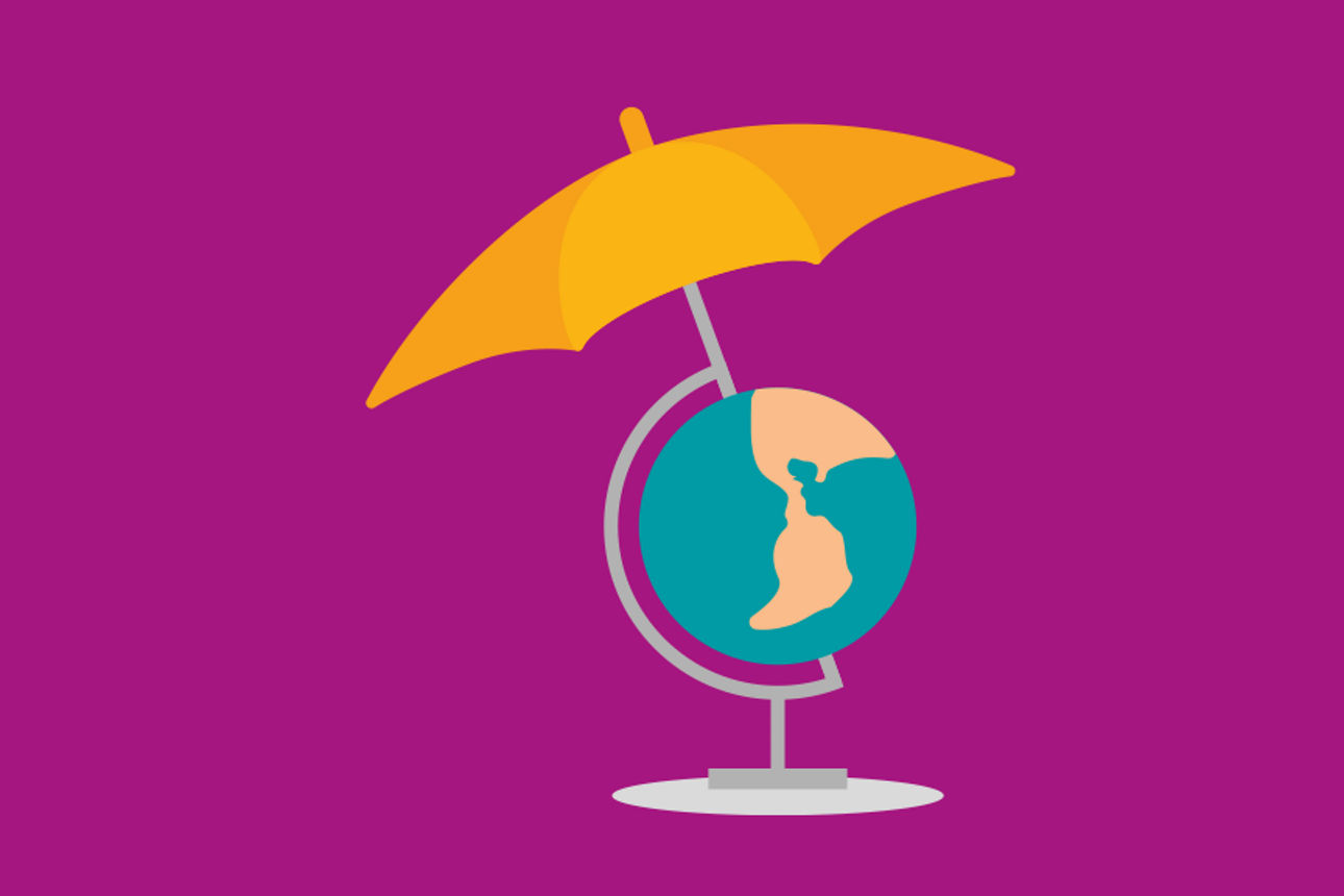Globus, über dem ein Regenschirm aufgespannt ist, als Symbol für die Auslandsreise-Krankenversicherung der SDK