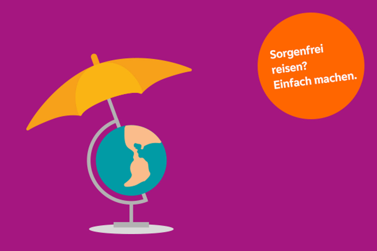 Ein Globus mit einem gelben Schirm vor einem lila Hintergrund.