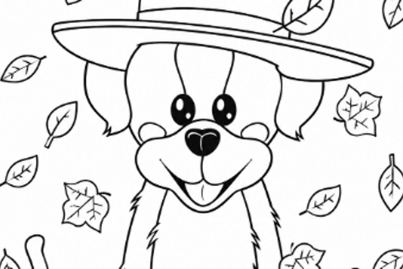 Ausmalbild von unserem Bankhund Anton im Herbst-Motiv