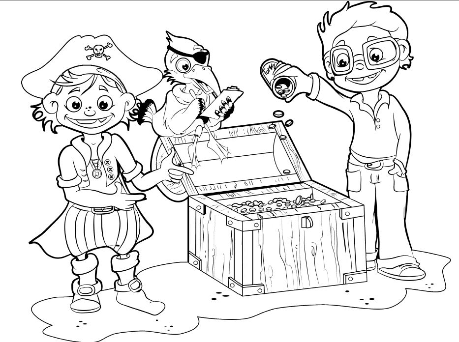 Ausmalbild Flint & Basti mit Tommy an einer Schatzkiste