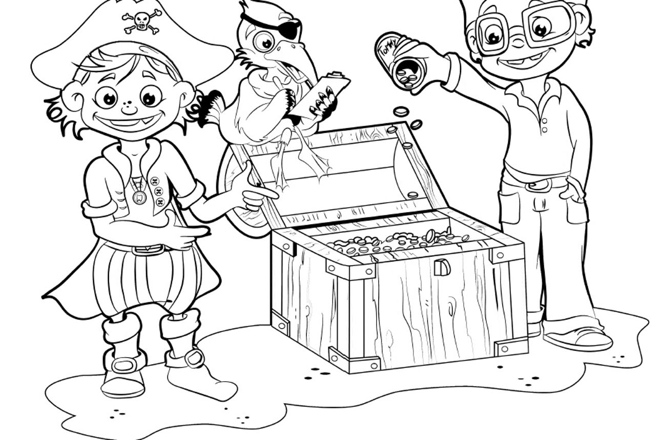 Ausmalbild Flint & Basti mit Tommy an einer Schatzkiste