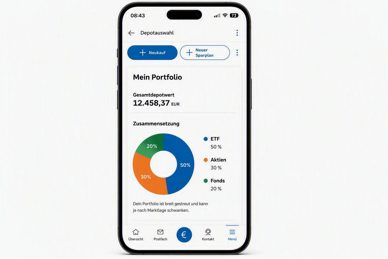 Smartphone mit der VR Banking App und einem Depotübersicht-Bildschirm zur Verwaltung von Wertpapieren und ETF-Sparplänen.