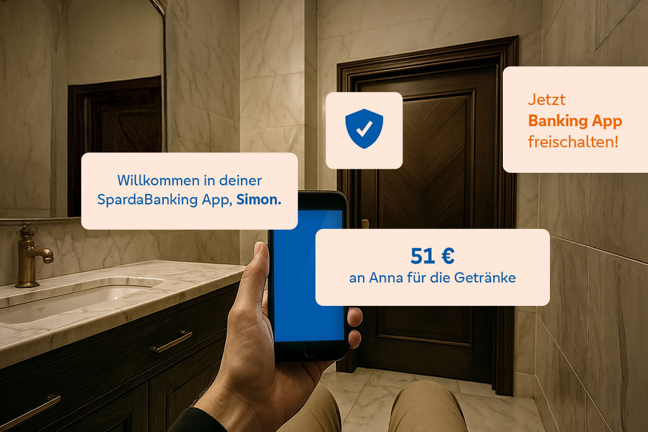 Mann im Badezimmer mit dem Handy in der Hand