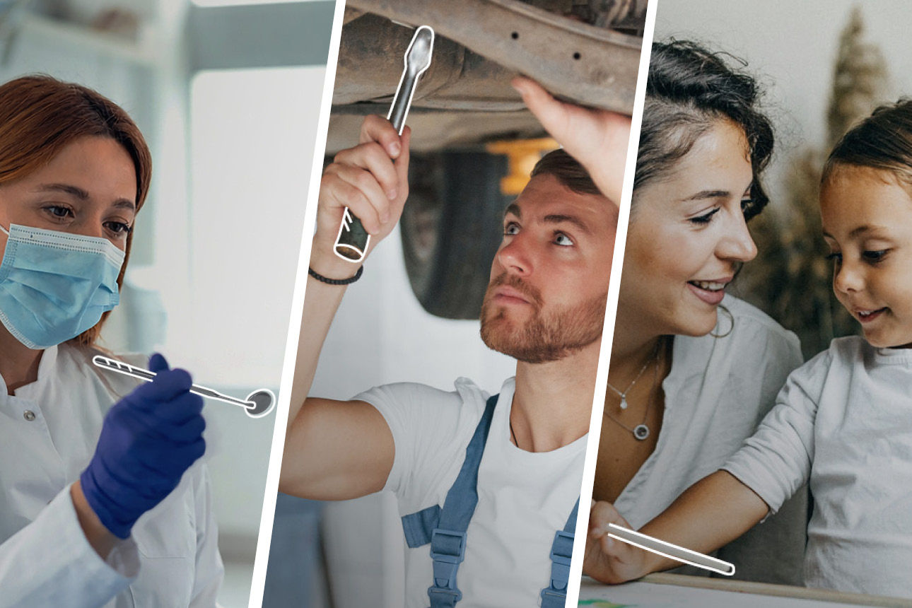 Bildercollage mit einer Zahnärztin, einem Automechaniker und einer Erzieherin bei der Arbeit