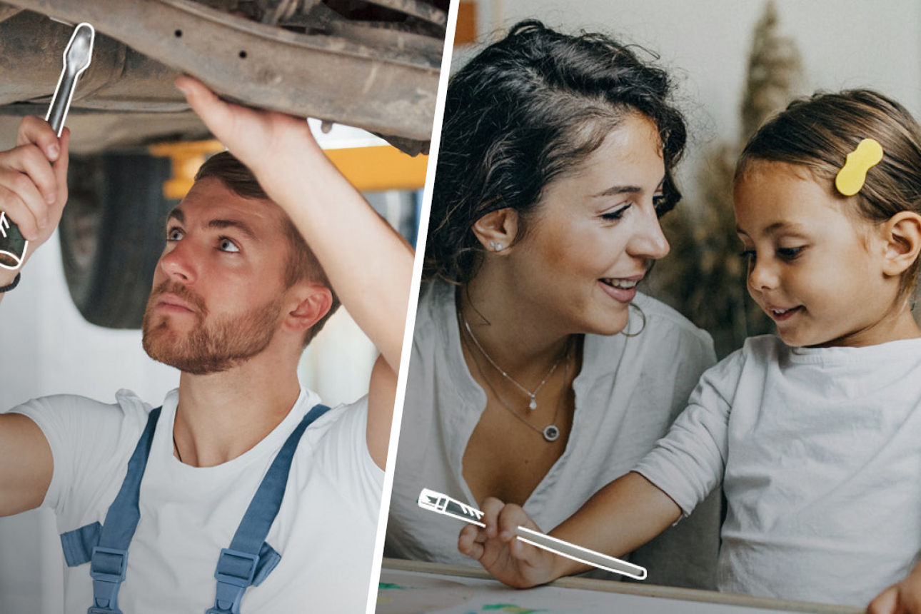 Bildercollage mit einer Zahnärztin, einem Automechaniker und einer Erzieherin bei der Arbeit