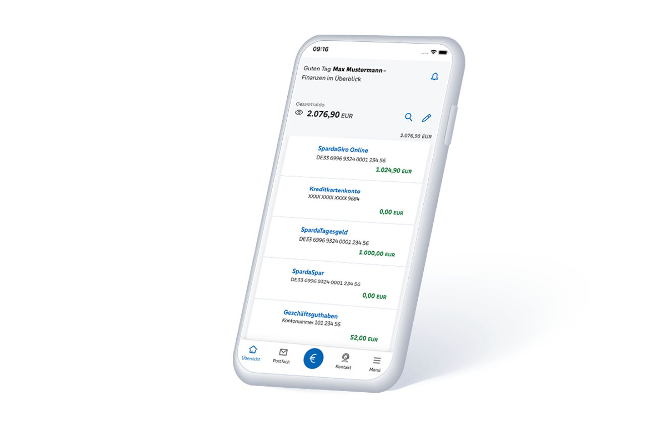 Ein Smartphone mit einem muster Screen aus der SpardaBanking App