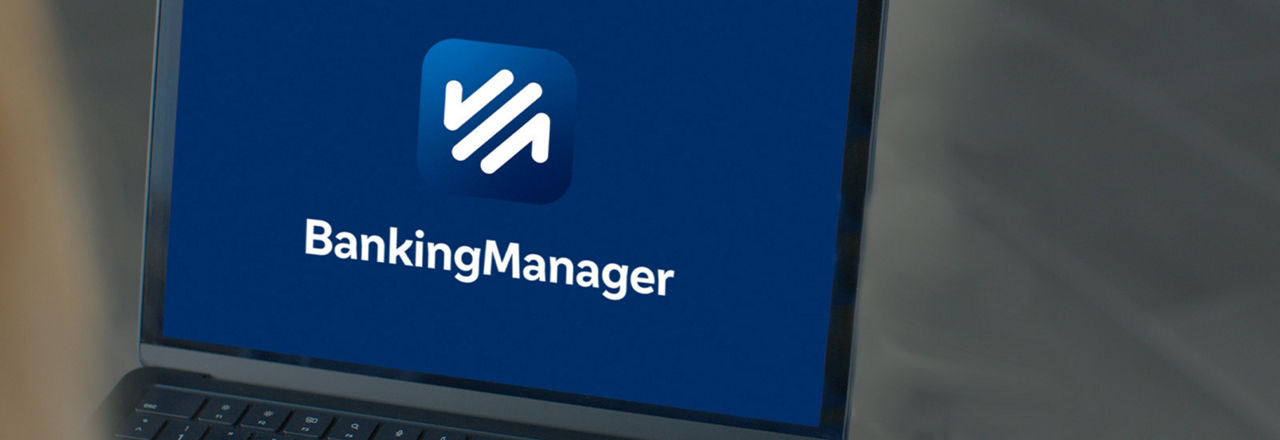 Banking Manager Logo wird auf einem Laptop angezeigt