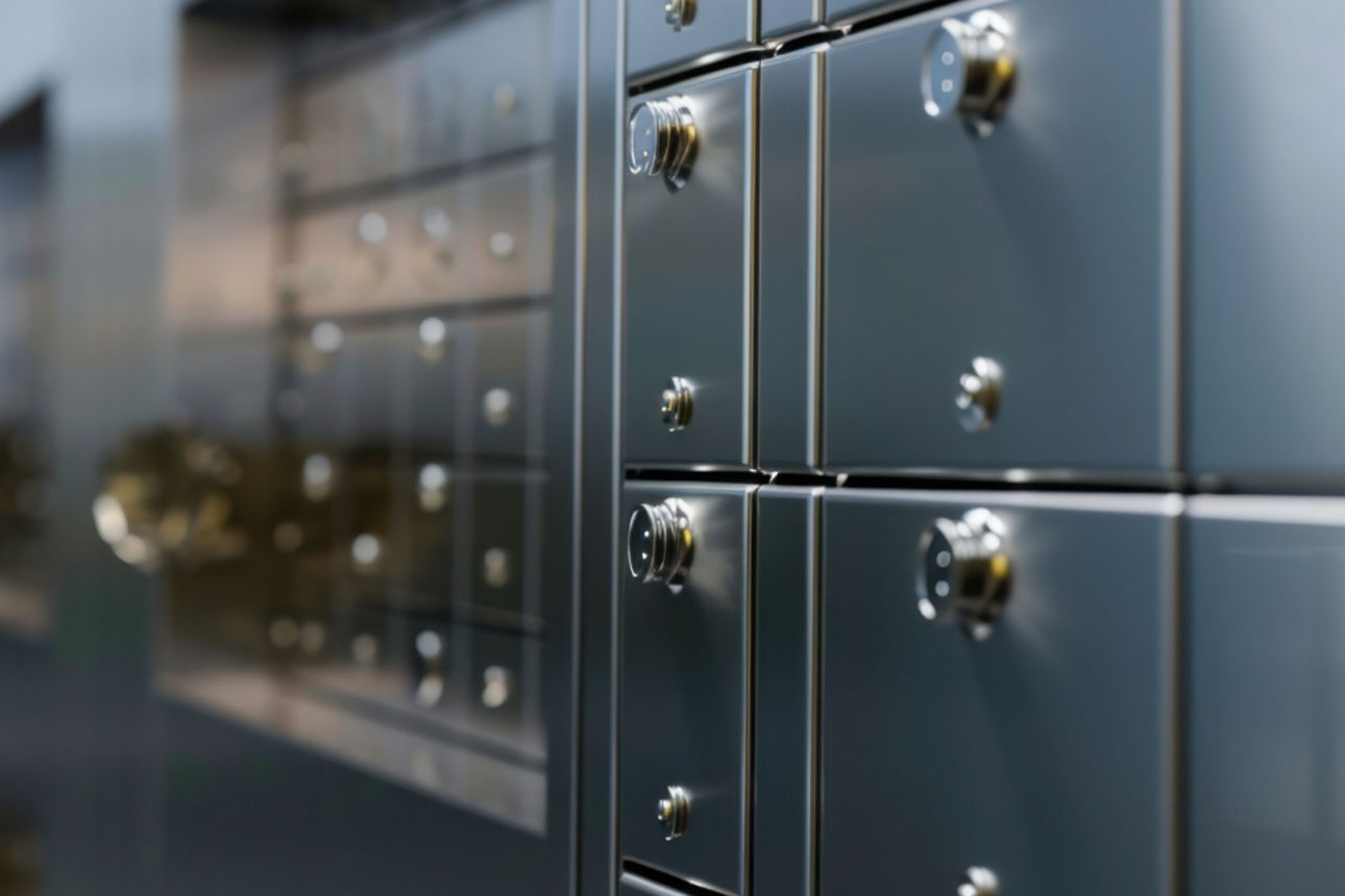 Eine Reihe von metallischen Schließfächern.