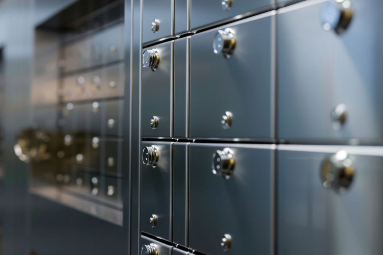 Eine Reihe von metallischen Schließfächern.