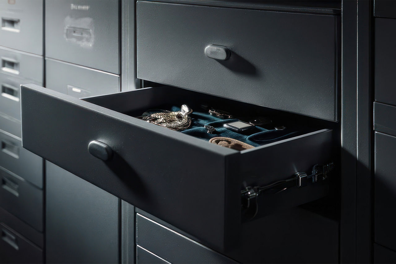 Offene Bankschließfach-Schublade mit Wertgegenständen drin.