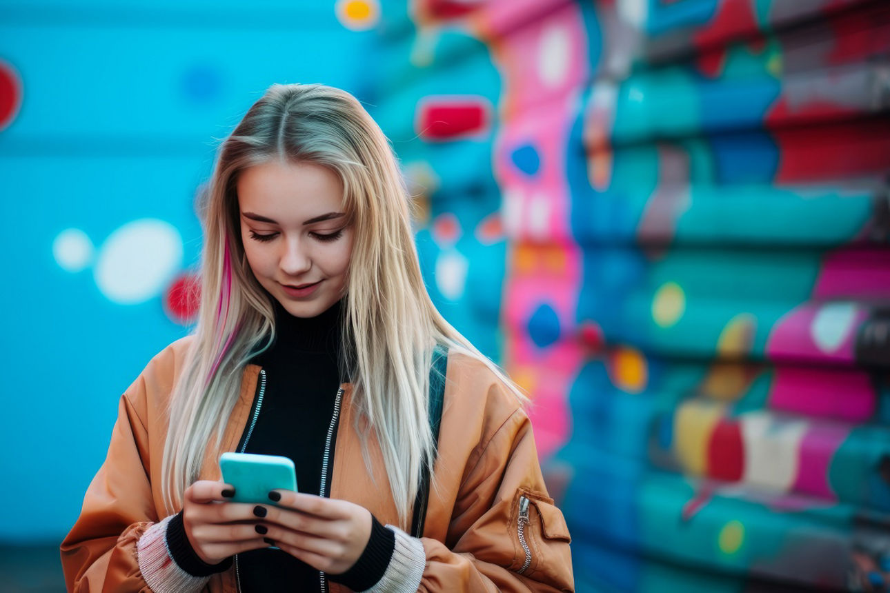 Eine junge Frau steht in einer farbenfrohen, urbanen Gasse und nutzt ein Smartphone, umgeben von bunten Graffiti‑Wänden.