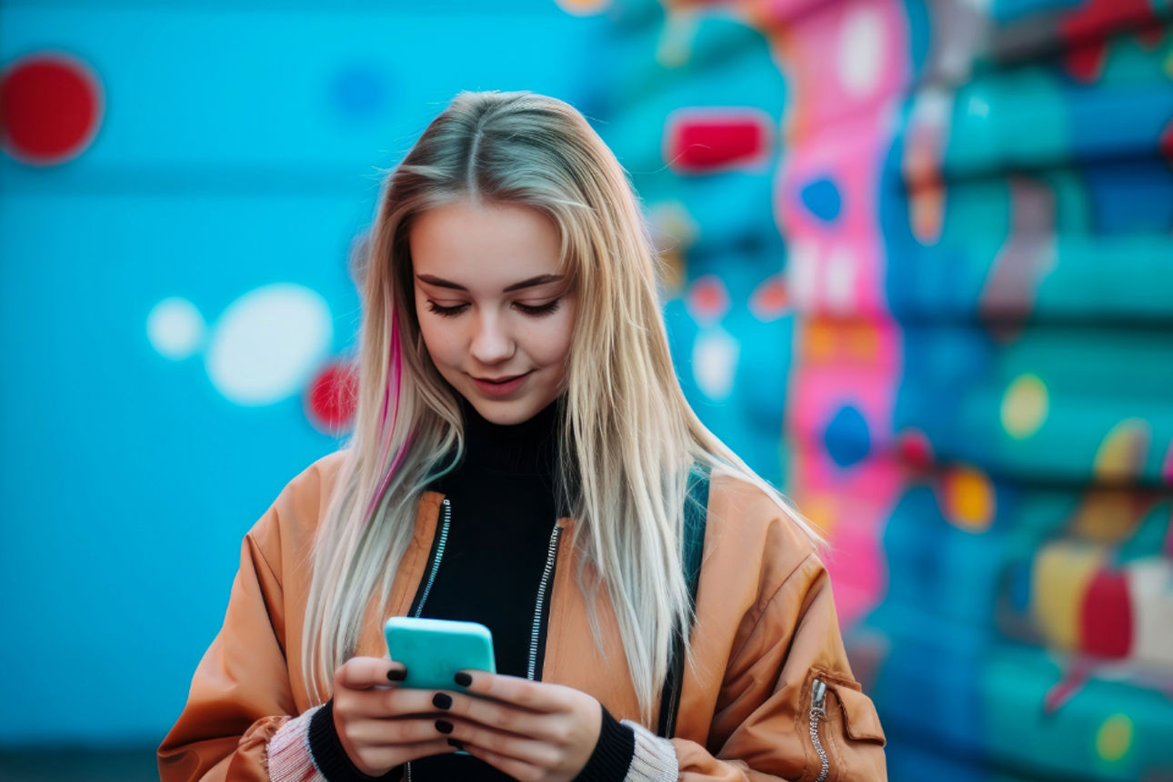 Eine junge Frau steht in einer farbenfrohen, urbanen Gasse und nutzt ein Smartphone, umgeben von bunten Graffiti‑Wänden.