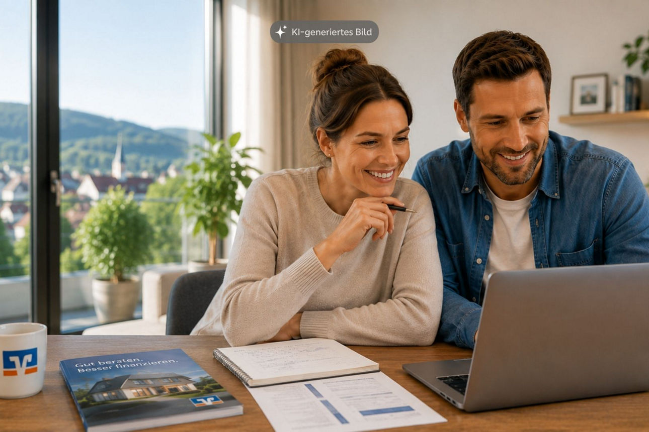 Paar informiert sich zu Hause gemeinsam über Fragen rund um die Baufinanzierung.
