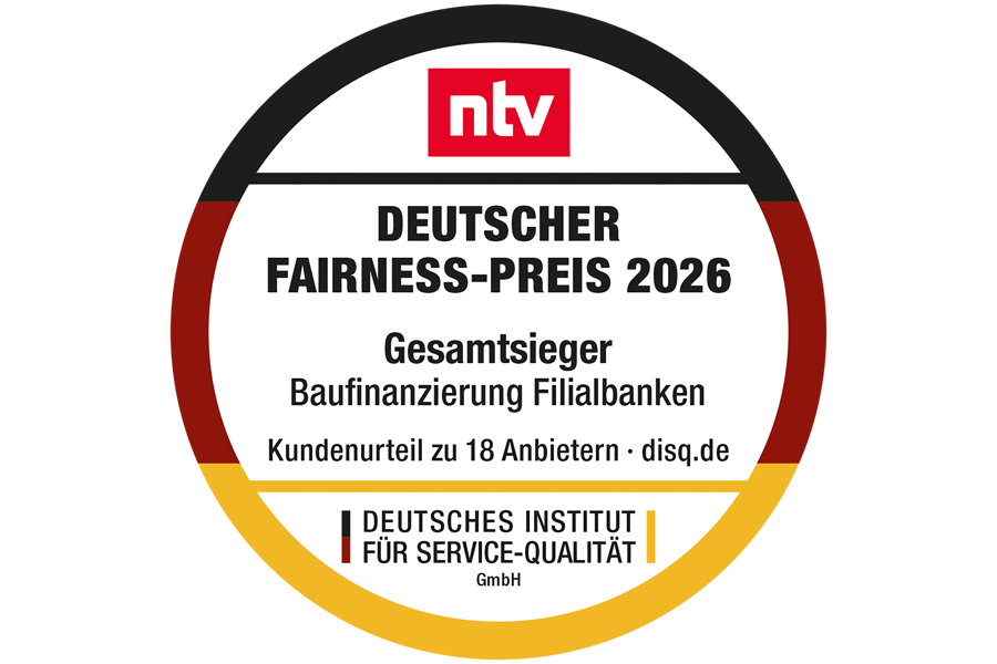 Siegel "Gesamtsieger Baufinanzierung Filialbanken" ntv und Deutsches Institut für Serive-Qualität