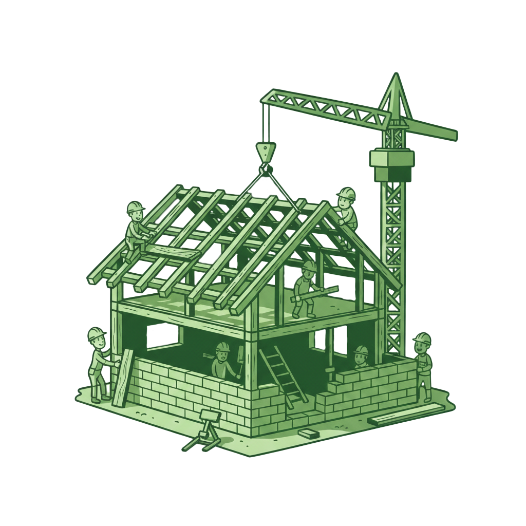 Comic Zeichnung von einem Hausbau