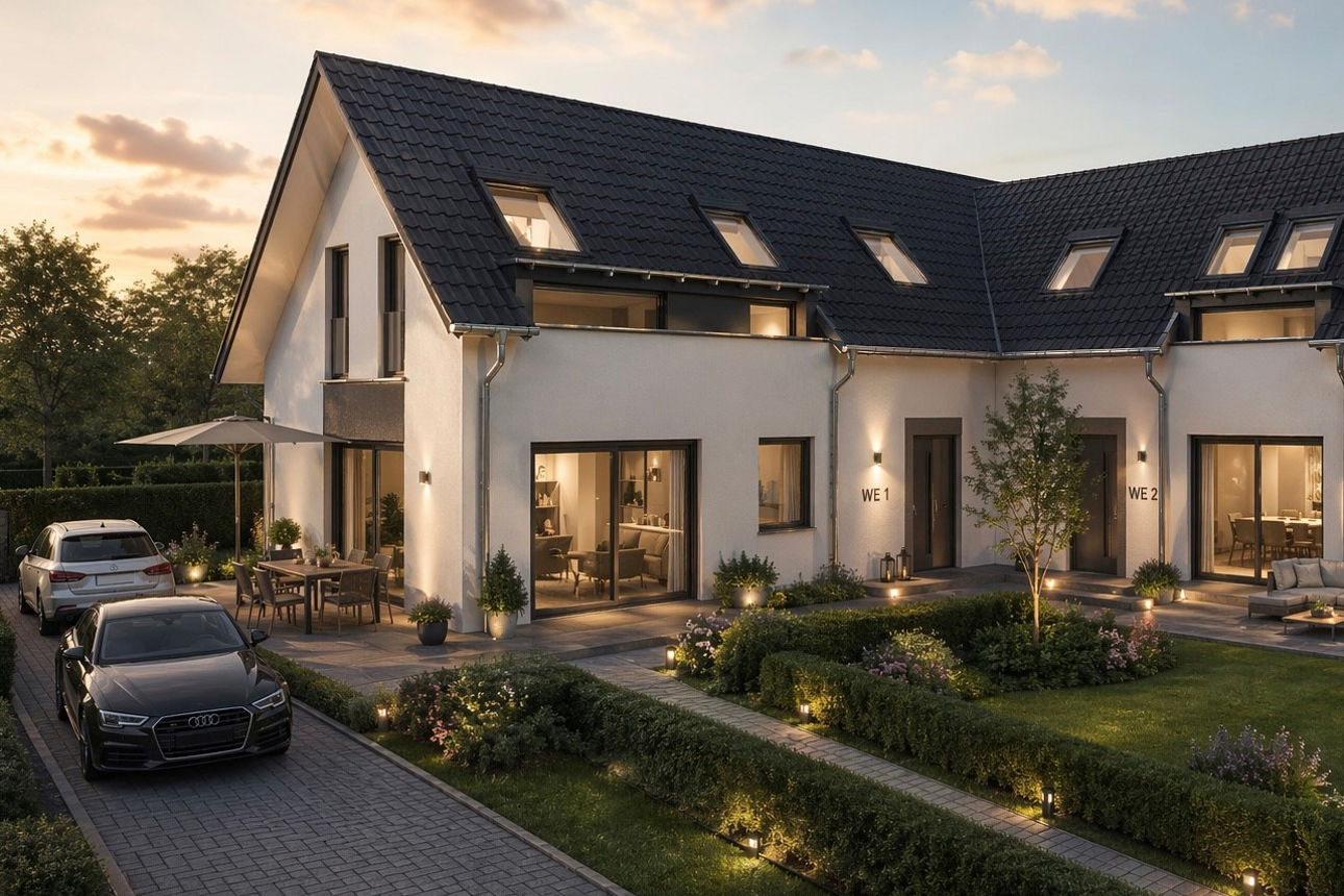 Ein Haus mit Einfahrt und einem davor geparkten Auto