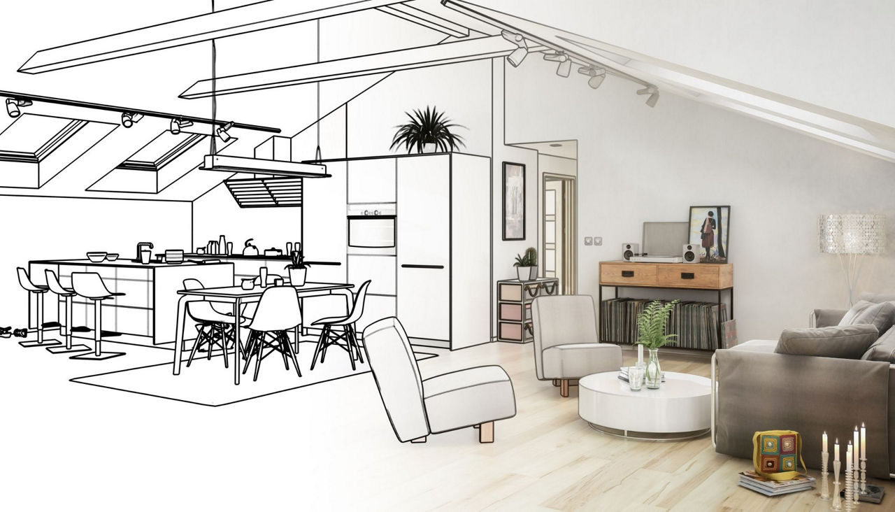 Verlauf von der 3D-Zeichnung  einer Wohnung zu einer realen Wohnung