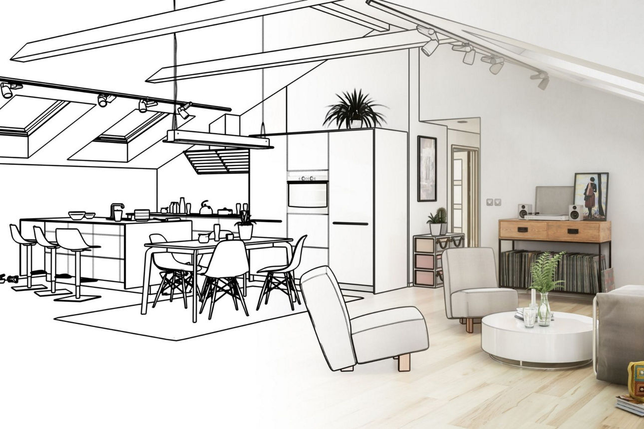 Verlauf von der 3D-Zeichnung  einer Wohnung zu einer realen Wohnung