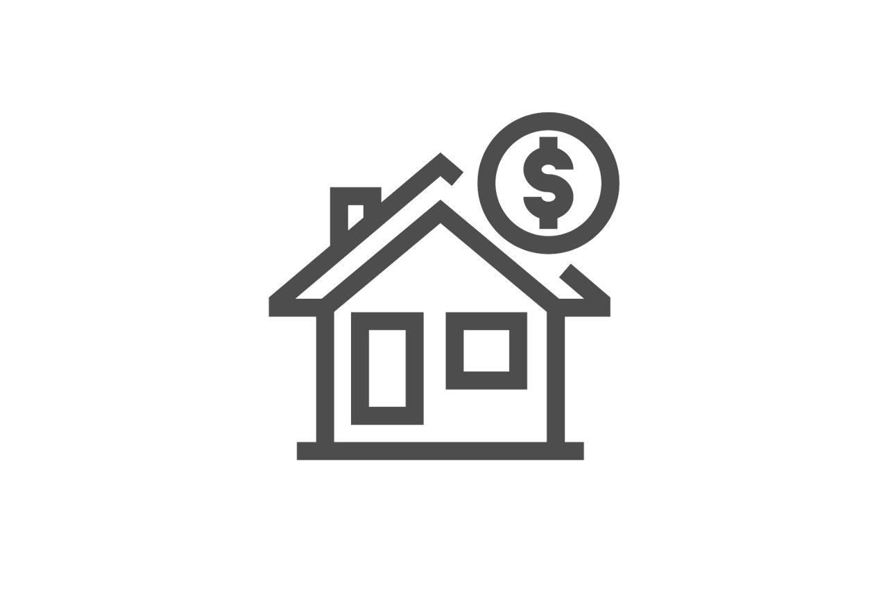 Das Icon zeigt ein Haus mit Dollarzeichen als Symbol die begrenzte Rendite beim Bausparen.