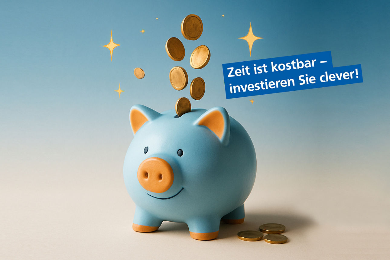 Blaues Sparschwein in das goldene Münzen reinschweben mit Sternen