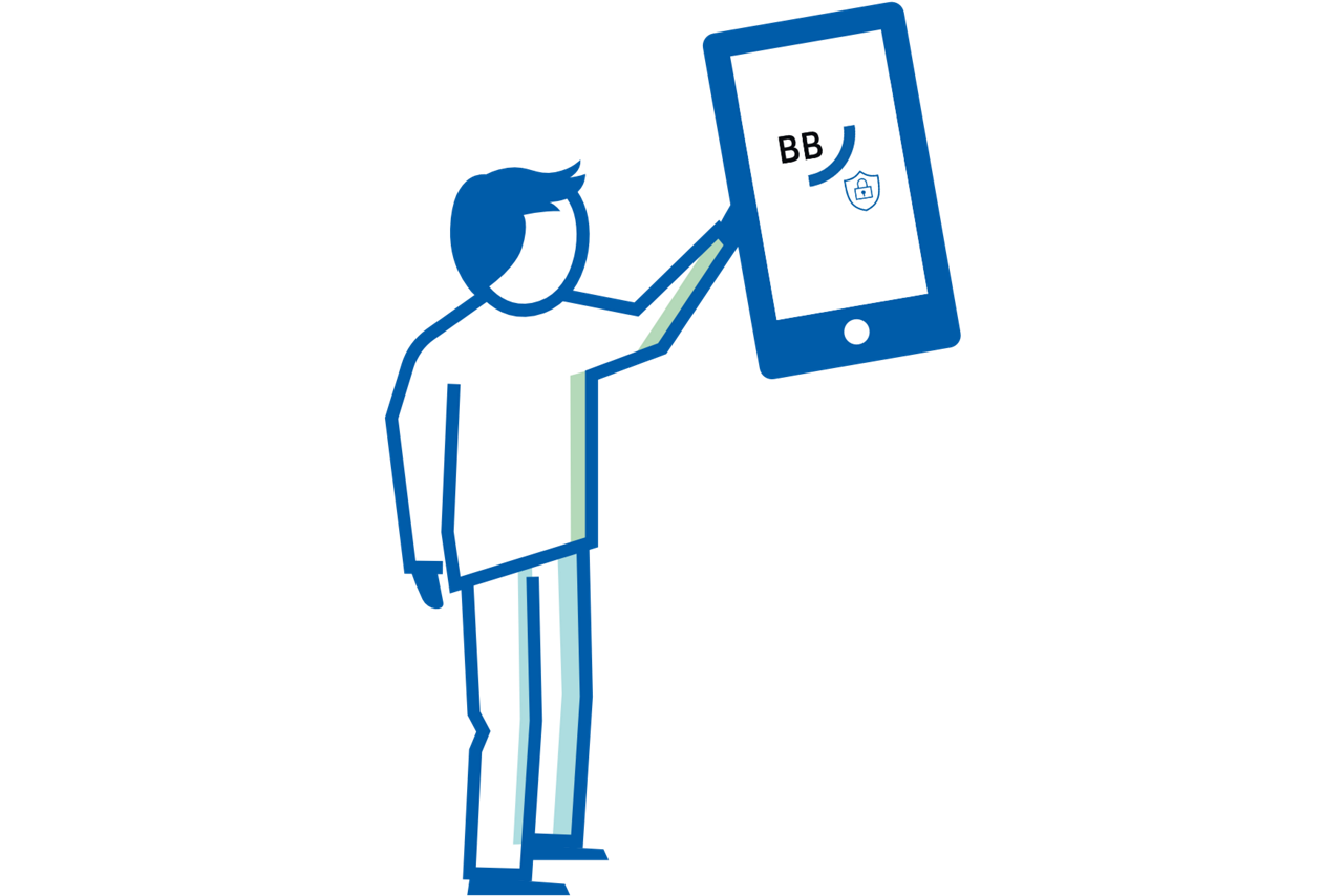 Illustration eines Mannes mit einem Handy in der Hand auf dem die SecureGo+ App abgebildet ist.