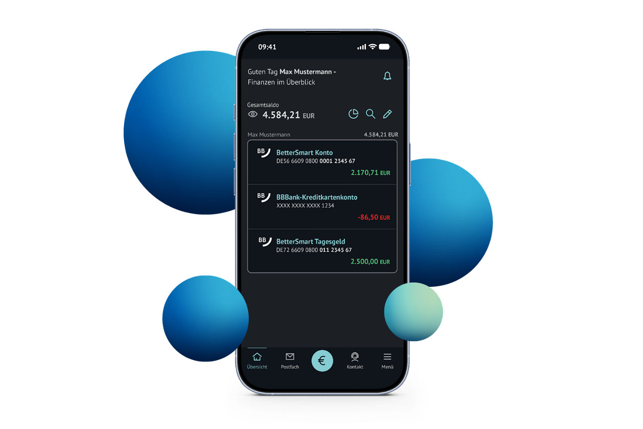 Blaue kreise mit einem Farbverlauf ins grüne. Zwischendrin ein Handy mit dem Screen der BBBank-Banking App