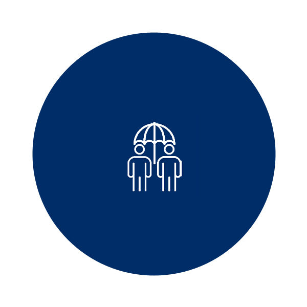 Ein blau-weißes Symbol, das zwei Personen zeigt, die zusammen unter einem Regenschirm stehen.