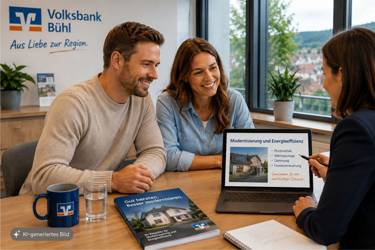 Persönliche Beratung zur energetischen Modernisierung eines Eigenheims bei der Volksbank Bühl.