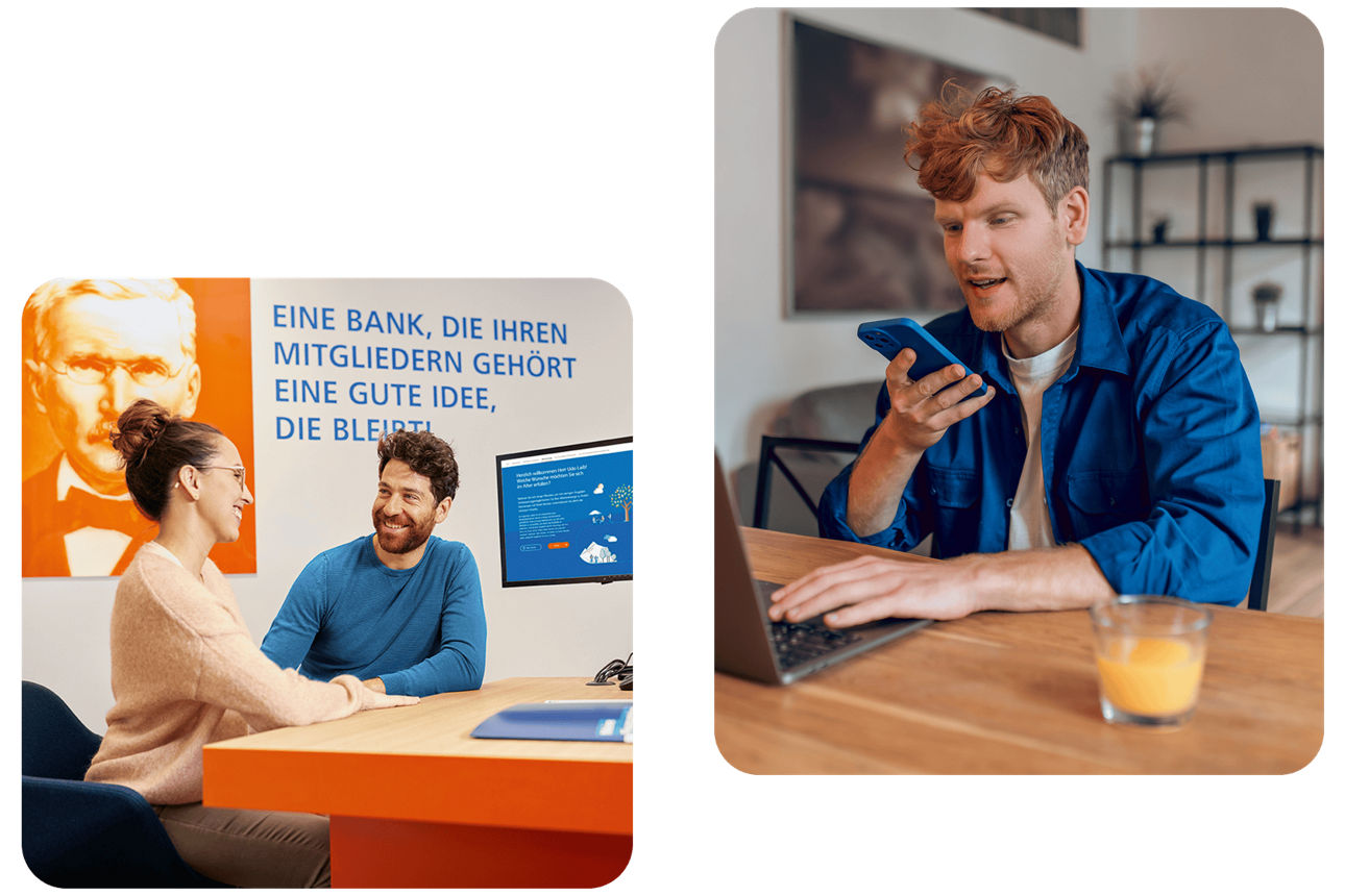 Ein junger Mann spricht in sein Handy und zwei Personen reden miteinander.