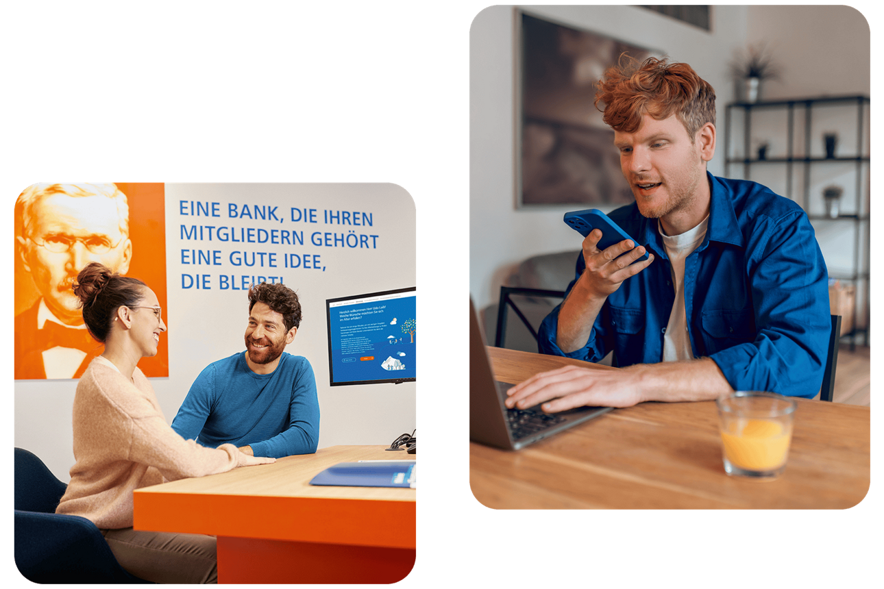 Ein junger Mann spricht in sein Handy und zwei Personen reden miteinander.