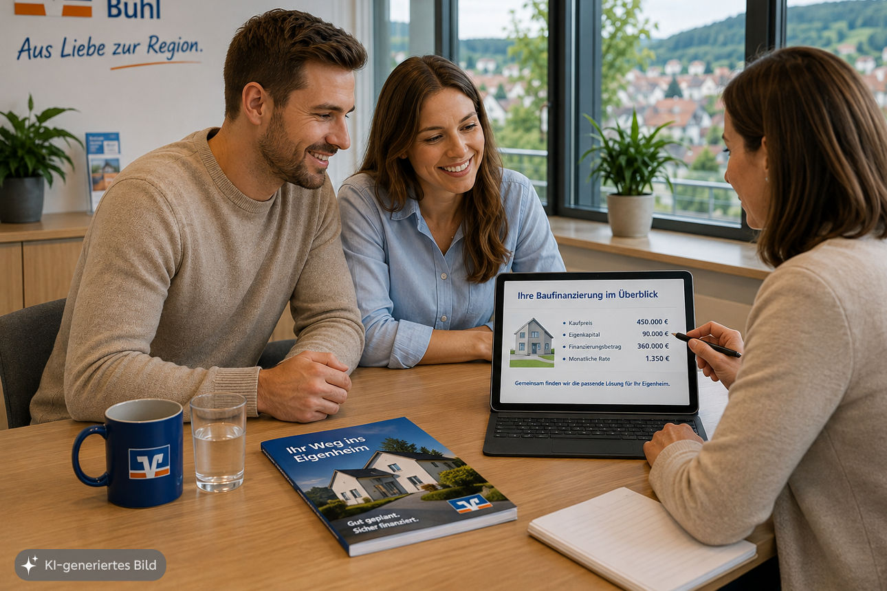 KI-generiertes Bild: Paar im Beratungsgespräch zur Baufinanzierung bei der Volksbank Bühl.