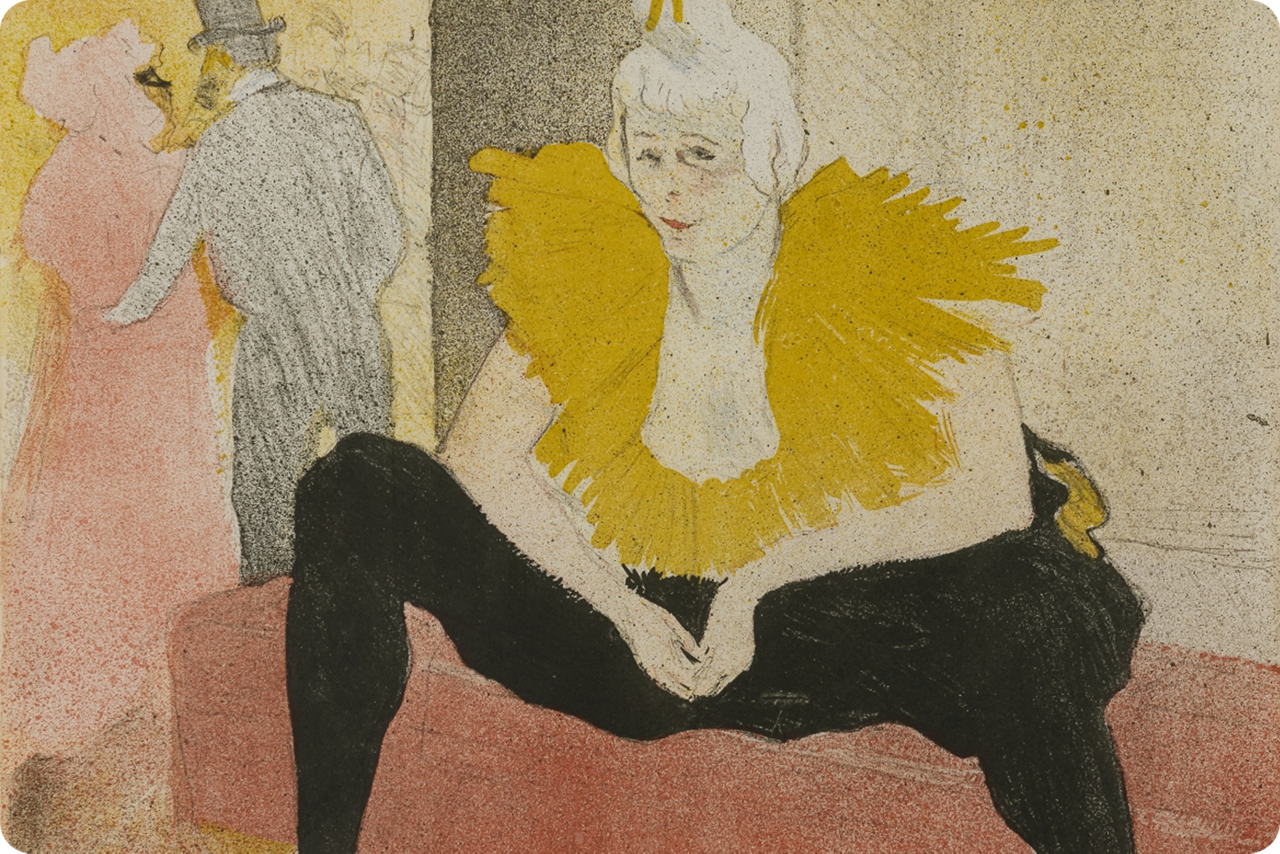 Henri de Toulouse-Lautrec, Die sitzende Clownin, Fräulein Chao-U-Kao, aus der Folge „Elles“ – 1. Tafel, Lithografie, Schwarz auf Velin, 36,3 x 37 cm