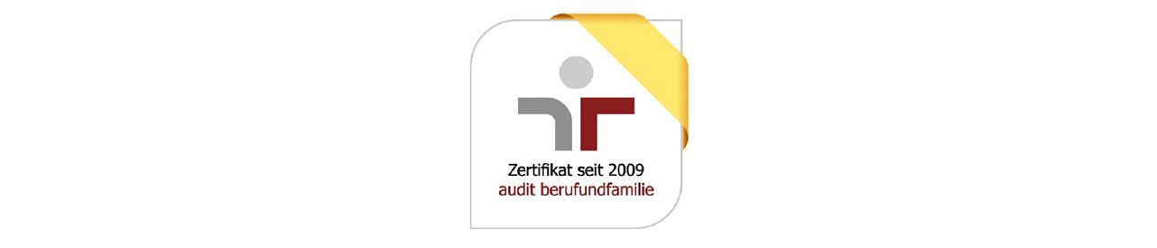 Ein weiß-rot-goldenes Siegel mit dem Text "Zertifikat seit 2009 audit berufundfamilie"