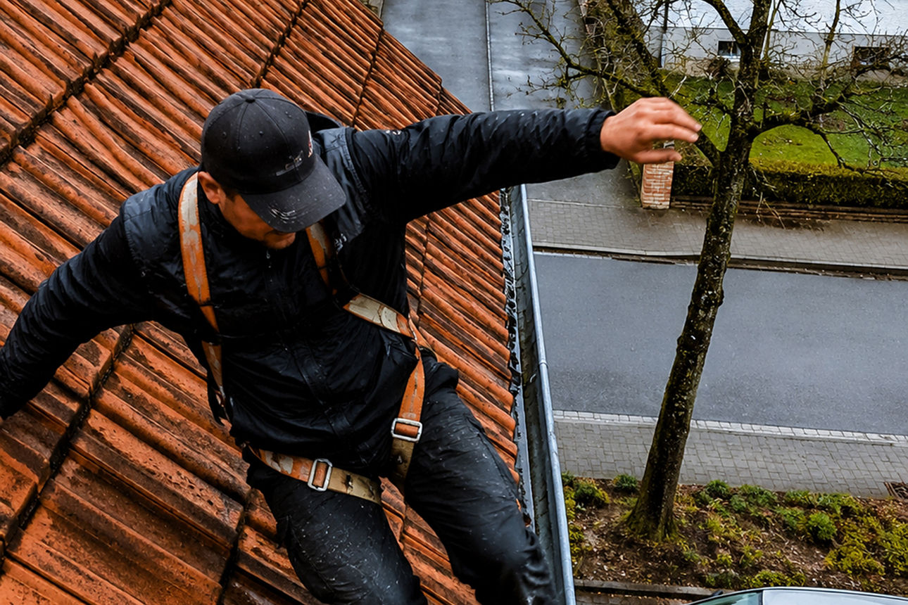 Dachdecker arbeitet auf dem Dach mit einer Sicherung