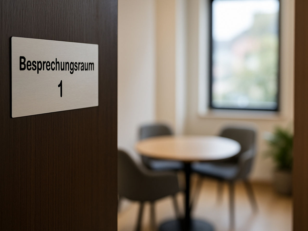 Halb geöffnete Tür mit Aufschrift ‚Besprechungsraum 1‘ – Besprechungszimmer mit Tisch und Stühlen im Hintergrund, sanfte Unschärfe (KI-generiertes Bild).
