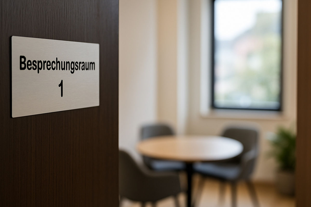 Halb geöffnete Tür mit Aufschrift ‚Besprechungsraum 1‘ – Besprechungszimmer mit Tisch und Stühlen im Hintergrund, sanfte Unschärfe (KI-generiertes Bild).