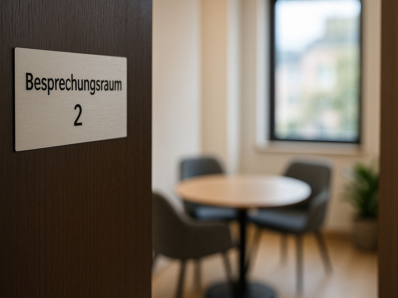 Halb geöffnete Tür mit Aufschrift ‚Besprechungsraum 2‘ – Besprechungstisch mit zwei Stühlen im unscharfen Hintergrund (KI-generiertes Bild).