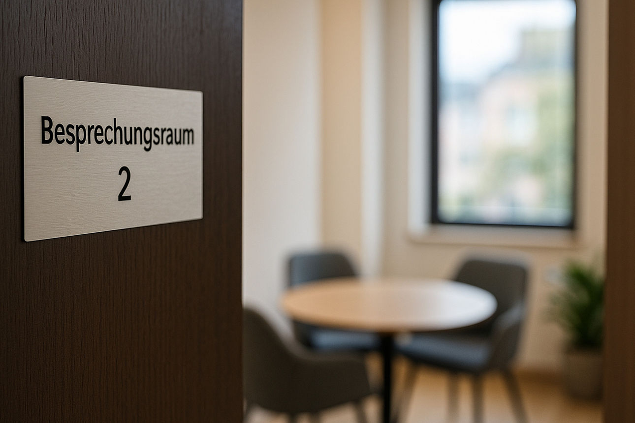Halb geöffnete Tür mit Aufschrift ‚Besprechungsraum 2‘ – Besprechungstisch mit zwei Stühlen im unscharfen Hintergrund (KI-generiertes Bild).