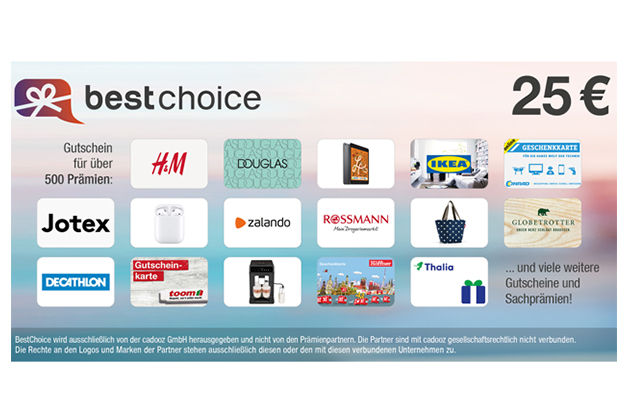 Best Choice Gutschein mit einer Auflistung der Prämien