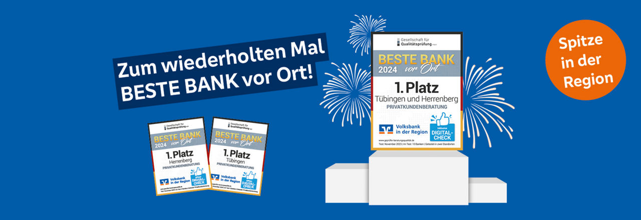 Beste Bank vor Ort Siegel 2024 auf Siegertreppchen mit Feuerwerk